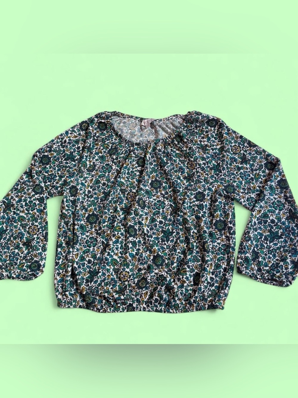 LOFT Floral Scoop-Neck Blouse in Teal Green White Cottage Boho Hippie NWOT Sz S